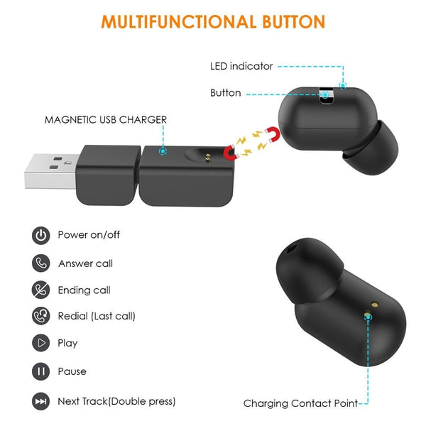 Mini Invisible Earphone Bluetooth Headphone Magnet USB Charger