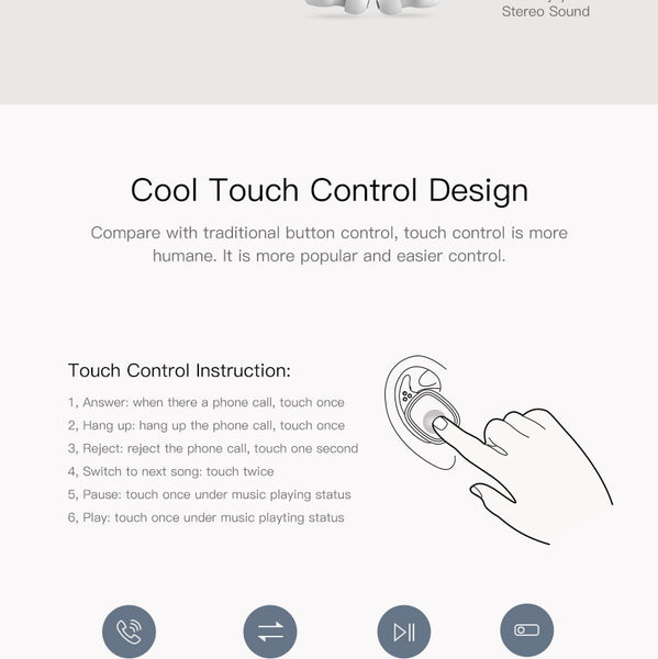 Bluetooth Earphones Built-in Mic Wireless Headsets Touch Control